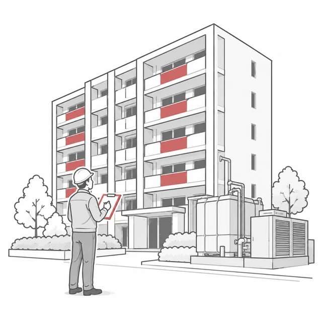 専門家がマンションの建物と設備の状態を現地で確認するイラスト