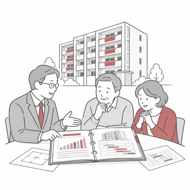 専門家が管理組合のメンバーに修繕計画を分かりやすく説明するイラスト