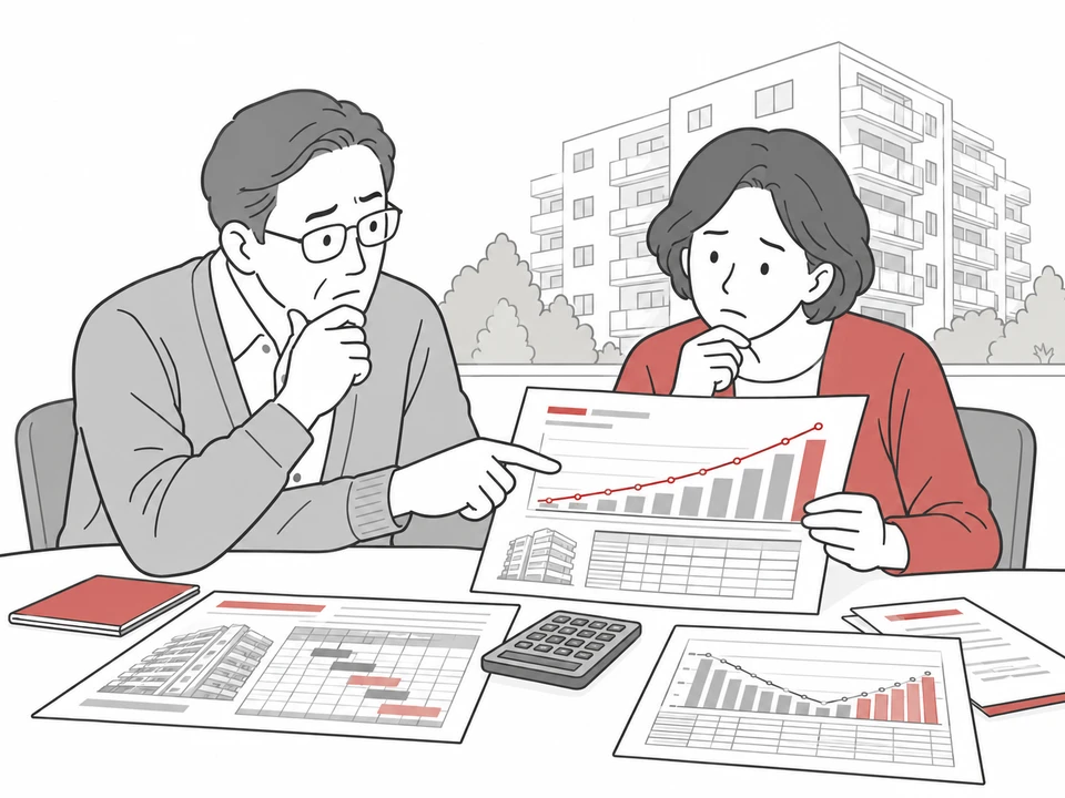 修繕計画と収支グラフを見比べ、積立金の増額について考える管理組合役員