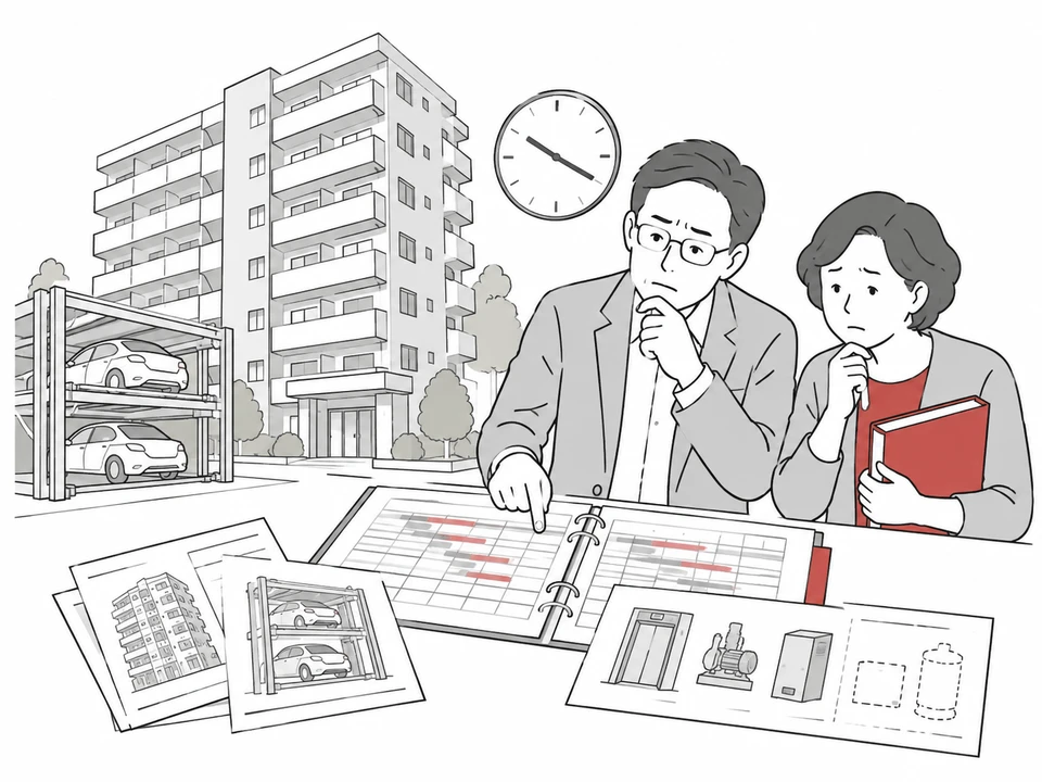 マンションと設備を古い修繕計画に照らして確認する管理組合役員