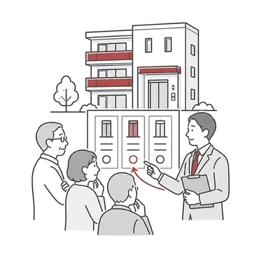 エレベーター更新の比較案を住民へ説明する専門家