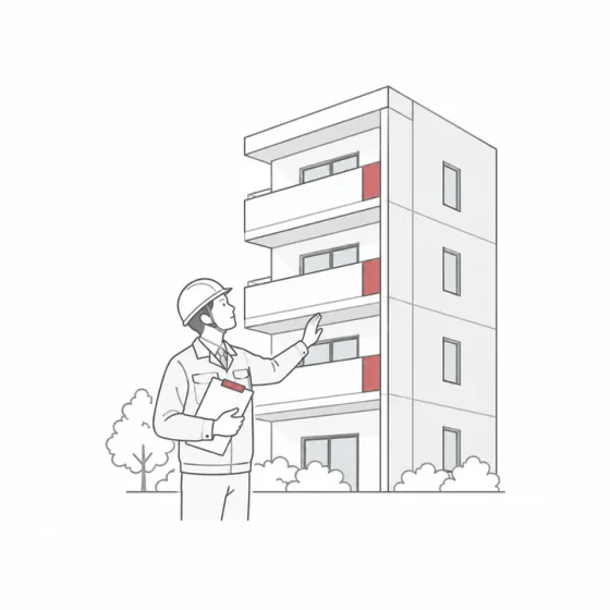 専門家がマンションの外壁を現地で確認するイラスト