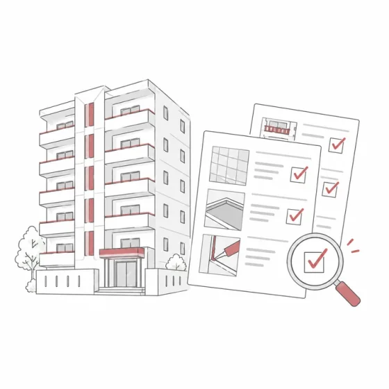 建物とチェックリストで工事項目や仕様を確認するイラスト