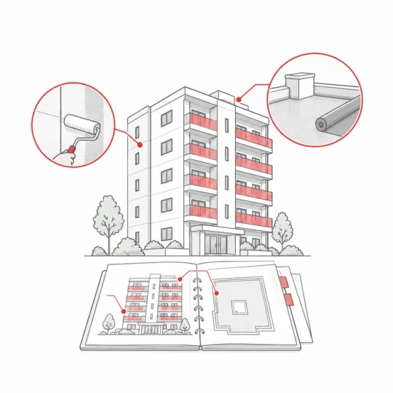 建物の特性に合わせた外壁や屋上の修繕方法を提案するイラスト