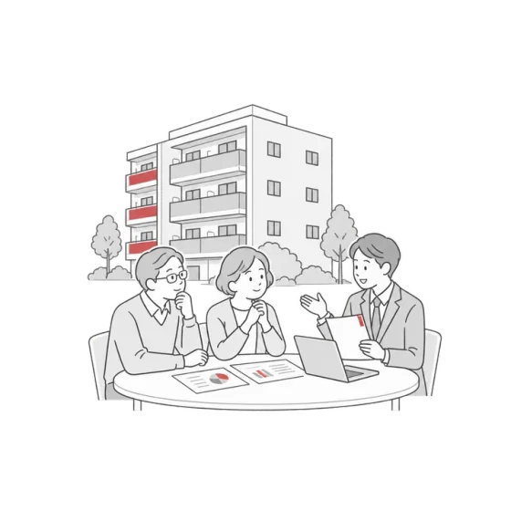 専門家が理事会でチェック結果を説明するイラスト