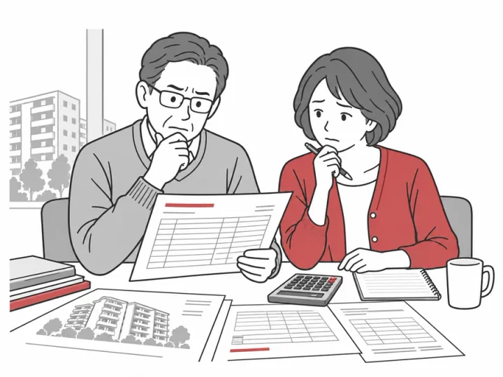 見積書と電卓を前に工事金額について考える管理組合の理事たち