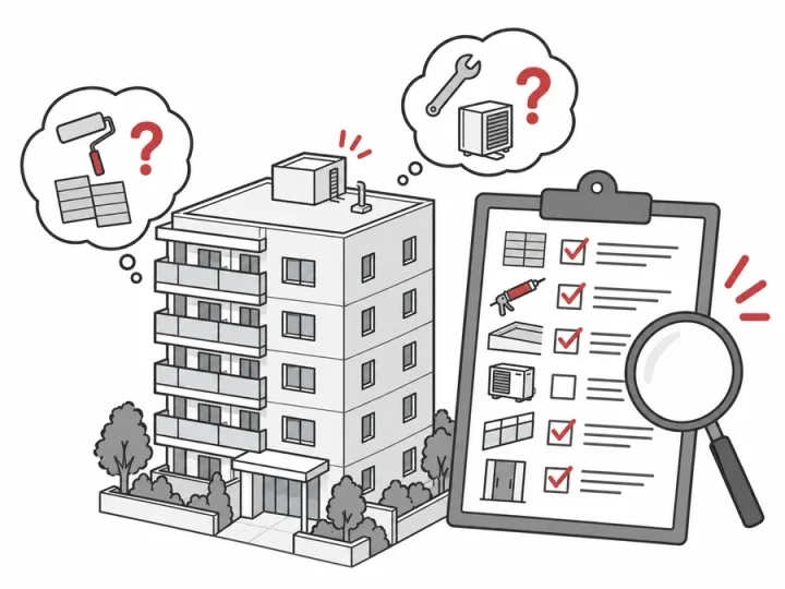 マンションの外壁や屋上と工事のチェックリストを照らし合わせるイラスト