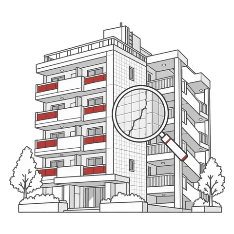 マンションの外壁の劣化を虫眼鏡で確認する図
