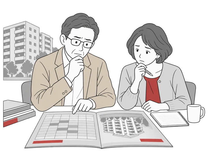 修繕計画とマンションの状態を見比べて悩む管理組合の理事たち