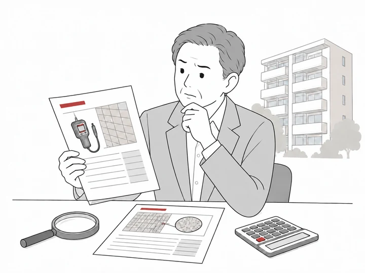 建物の調査内容と診断費用の提案資料を検討する管理組合の理事