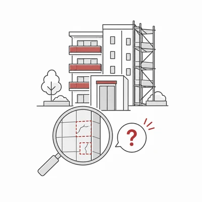 足場のある外壁の不具合を確認し、専門家への相談につなげるイラスト