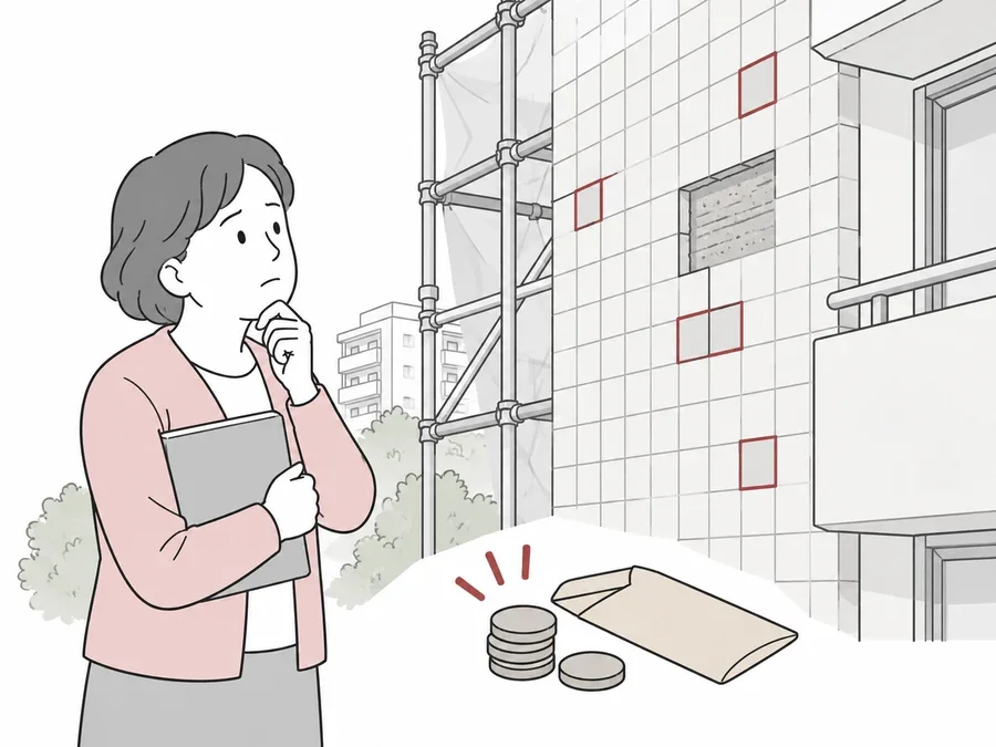 足場のある外壁の追加補修箇所を見て、費用を心配する管理組合の理事のイラスト