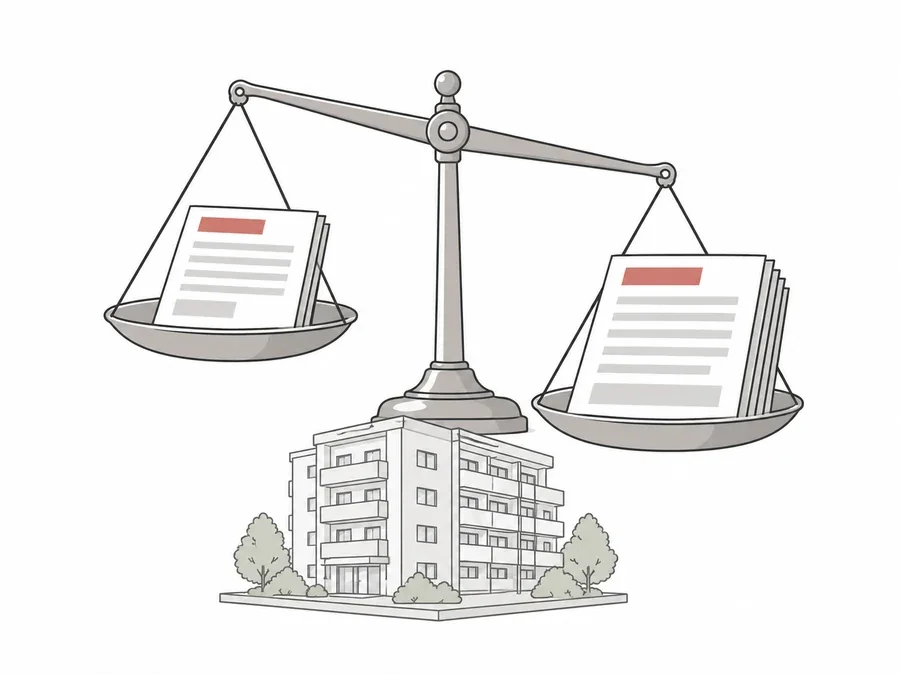 異なる見積書を載せた天秤とマンションで、見積比較の難しさを表したイラスト