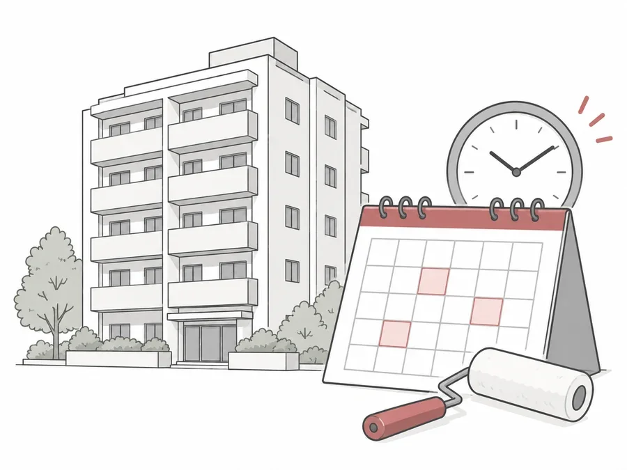 マンションとカレンダー、時計、塗装ローラーで修繕時期の検討を表したイラスト
