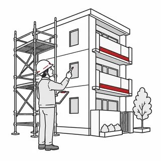 専門家が足場のある建物の施工状態を確認するイラスト