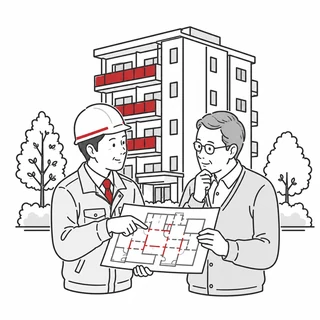 専門家が管理組合の担当者へ工事について助言するイラスト