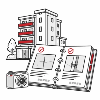 現場写真と確認内容をまとめた報告書のイラスト