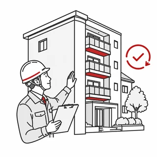 専門家が竣工時の仕上がりと是正箇所を再確認するイラスト