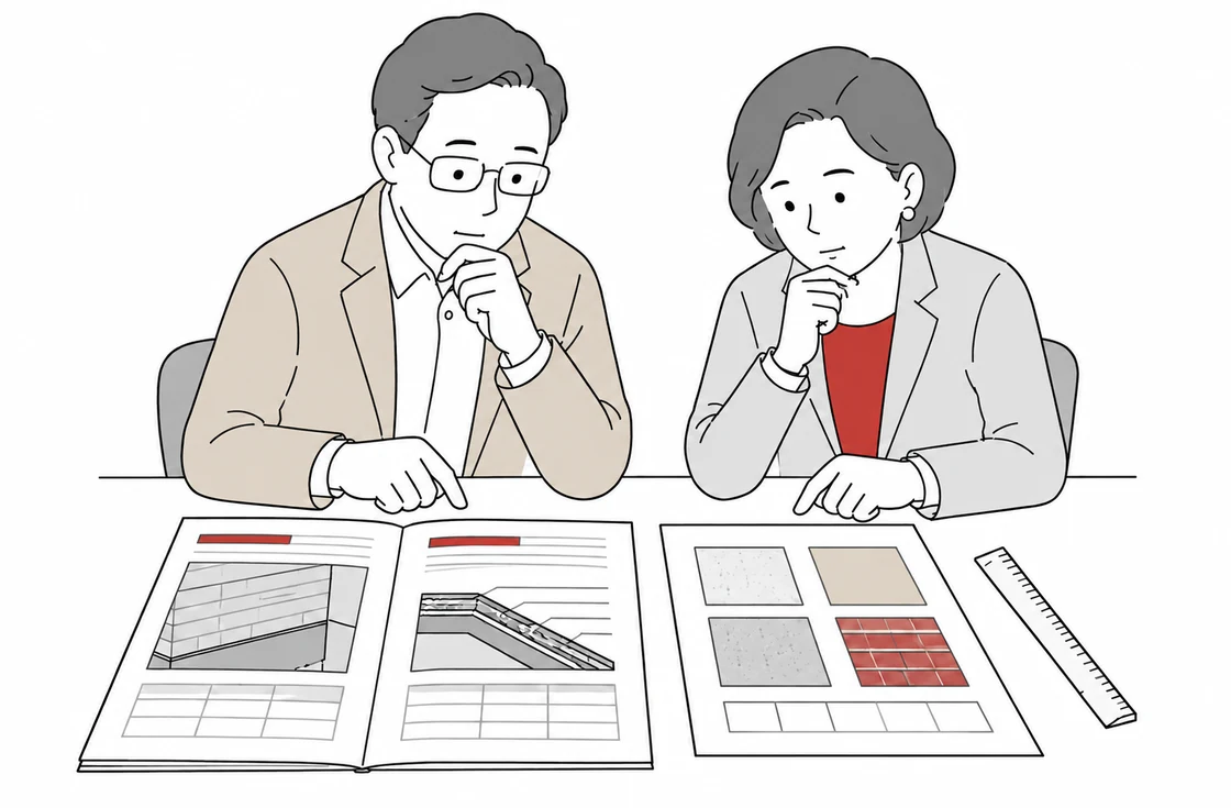 管理組合の理事が工事仕様書と材料資料を見比べているイラスト